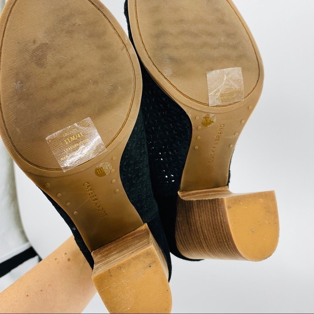 Lucky Brand Livey Black Peep Toe Suede Bootie 3.5” Stacked Block Heel Size 11M - Picture 12 of 15